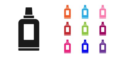 Çamaşır deterjanı, çamaşır suyu, bulaşık deterjanı ya da beyaz arka planda izole edilmiş başka bir temizlik malzemesi için siyah plastik şişe. Simgeleri renklendirin. Vektör.