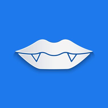 Kağıt kesiği vampir dişi ikonu mavi arka planda izole edilmiş. Mutlu Cadılar Bayramı Partisi. Kağıt sanatı tarzı. Vektör.