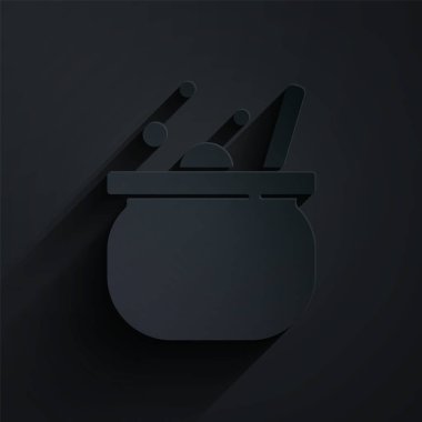 Kağıt kesiği cadılar bayramı cadı kazanı simgesi siyah arka planda izole. Mutlu Cadılar Bayramı Partisi. Kağıt sanatı tarzı. Vektör.