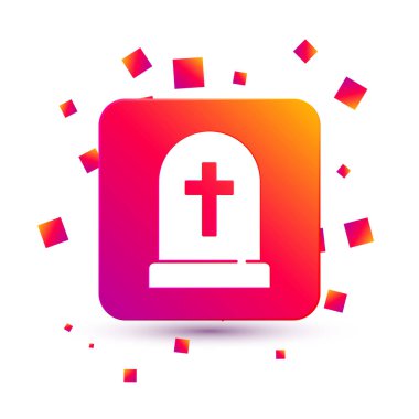 Beyaz arka planda çapraz simgesi olan Beyaz Tombstone. Mezar ikonu. Mutlu Cadılar Bayramı Partisi. Kare renk düğmesi. Vektör.