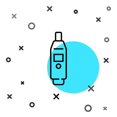 Tıbbi muayene ikonu için siyah çizgi dijital termometresi beyaz arka planda izole edildi. Rastgele dinamik şekiller. Vektör.