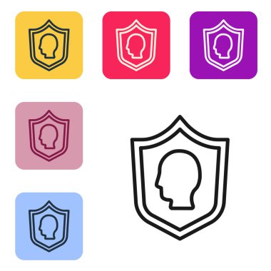 Siyah çizgi Kullanıcı koruma simgesi beyaz arkaplanda izole edildi. Güvenli kullanıcı girişi, şifre koruması, kişisel veri koruması, kimlik doğrulaması. Renkli kare düğmelerle simgeleri ayarla. Vektör.