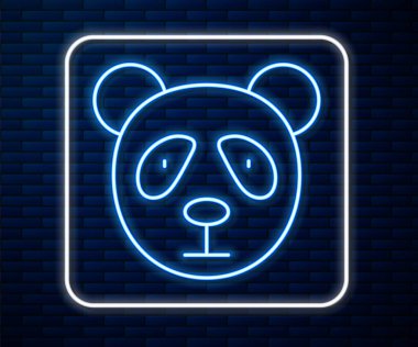 Parlayan neon hattı şirin panda yüzü ikonu tuğla duvar arkasında izole edilmiş. Hayvan sembolü. Vektör.