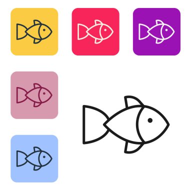 Siyah çizgi Balık simgesi beyaz arkaplanda izole edildi. Renkli kare düğmelerle simgeleri ayarla. Vektör.