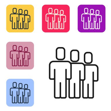 Siyah çizgi kullanıcı grubu simgesi beyaz arkaplanda izole edildi. Bir grup insan ikonu. İş simgesi - kullanıcı profili simgesi. Renkli kare düğmelerle simgeleri ayarla. Vektör.