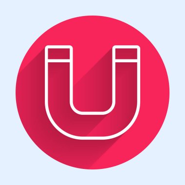 Beyaz çizgi mıknatıs ikonu uzun gölgeli izole edilmiş. At nalı mıknatısı, manyetizma, manyetizma, çekim. Kırmızı daire düğmesi. Vektör.