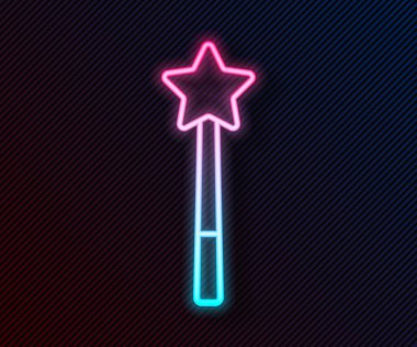 Parlayan neon hattı sihirli değnek simgesi siyah arkaplanda izole edildi. Yıldız şeklinde sihirli aksesuar. Sihirli güç. Vektör.