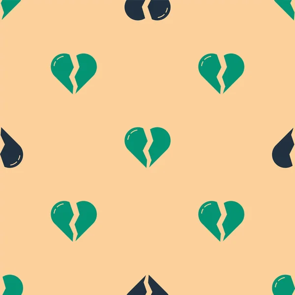 Green Black Broken Heart Divorce Icon Isolated Seamless Pattern Beige — Stock Vector