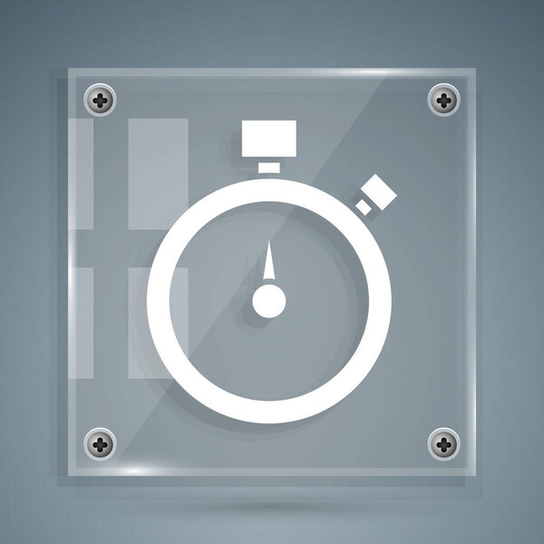 White Stopwatch icon isolated on grey background. Time timer sign. Chronometer sign. Square glass panels. Vector.