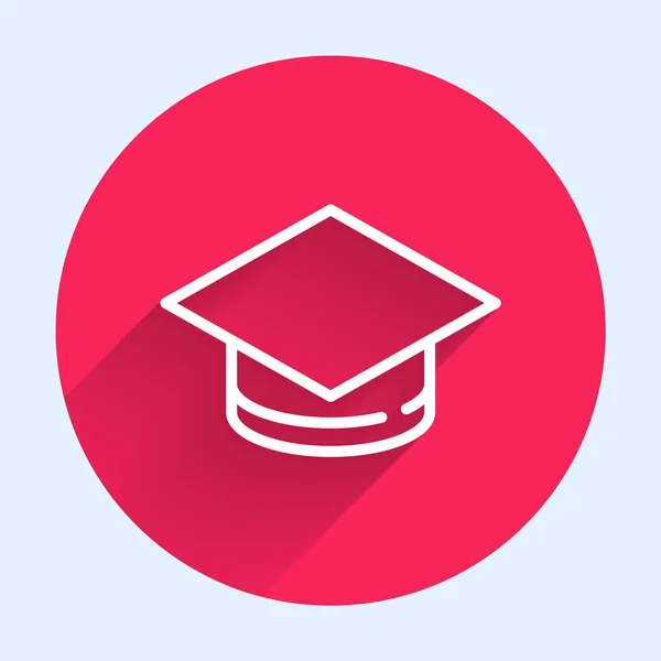 白い線長い影で隔離された卒業キャップアイコン タッセルアイコンで卒業帽子 赤い丸ボタン ベクトル — ストックベクタ