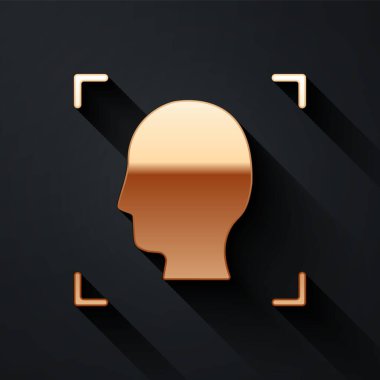 Altın Yüz tanıma simgesi siyah arkaplanda izole edildi. Yüz tanımlama simgesi. Yüz tanıma. Siber güvenlik kavramı. Uzun gölge tarzı. Vektör.