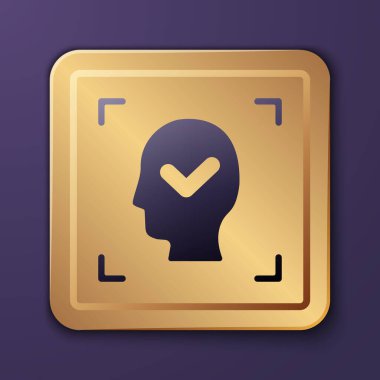 Mor Yüz Tanıma Mor zemin üzerinde işaretleme simgesi izole edilmiş. Yüz tanımlama simgesi. Yüz tanıma. Siber güvenlik kavramı. Altın kare düğme. Vektör.