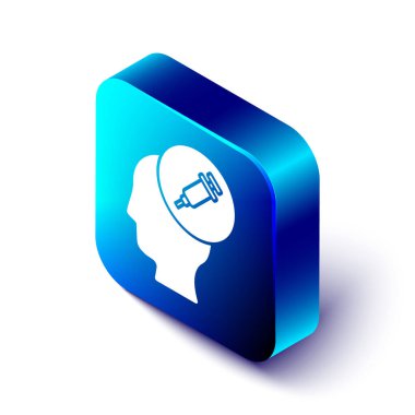 Uyuşturucu ikonuna İzometrik Bağımlılık beyaz arka planda izole edildi. Eroin, uyuşturucu, bağımlılık, yasadışı. Elinde şırınga ve ilaç olan hasta bir keş. Mavi kare düğme. Vektör.