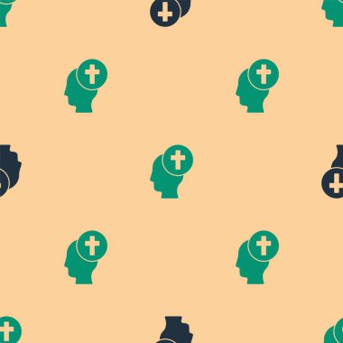 Yeşil ve siyah adam, cenaze kederi ikonu bej arka planda izole edilmiş, pürüzsüz desen. Üzüntü, üzüntü, keder, ölüm duygusu. Vektör.