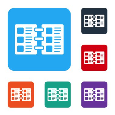 Beyaz Restaurant Kafe menüsü simgesi beyaz arka planda izole edildi. Renkli kare düğmelerle simgeleri ayarla. Vektör.