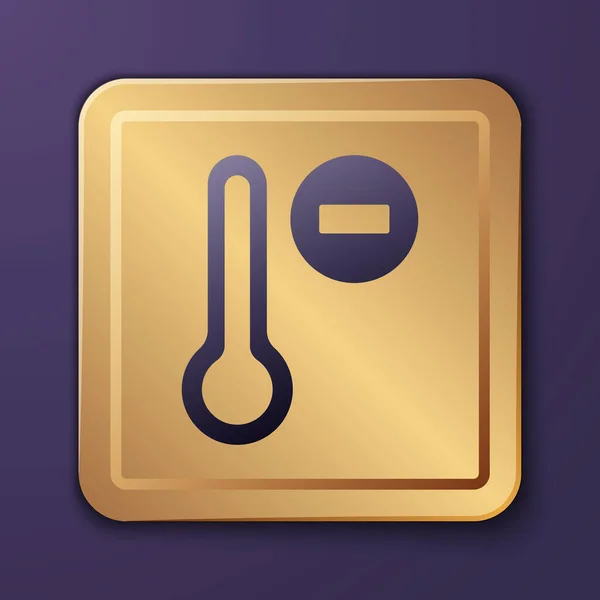紫色气象学温度计测量图标隔离在紫色背景 显示炎热或寒冷天气的温度计设备 金正方形按钮B — 图库矢量图片