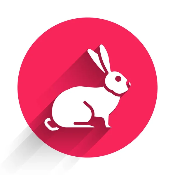 White Rabbit Icoon Geïsoleerd Met Lange Schaduw Rode Cirkel Knop — Stockvector