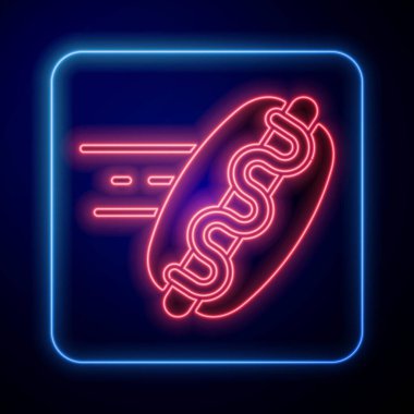 Parlayan neon çevrimiçi sipariş ve mavi arkaplanda izole edilmiş sosisli sandviç ikonu. Sosis ikonu. Fast food burcu. Vektör.