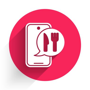 White Online sipariş ve fast food dağıtım ikonu uzun gölgeli. Burger tabelası. Kırmızı daire düğmesi. Vektör.