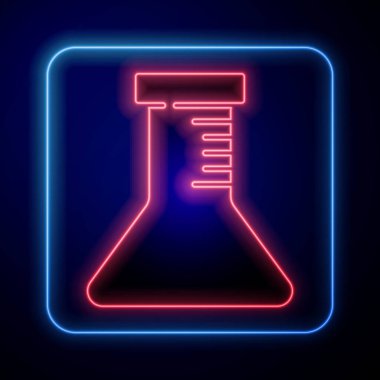 Parlayan neon test tüpü ve mavi arka planda izole edilmiş matara simgesi. Kimyasal laboratuvar testi. Laboratuvar camları. Vektör.
