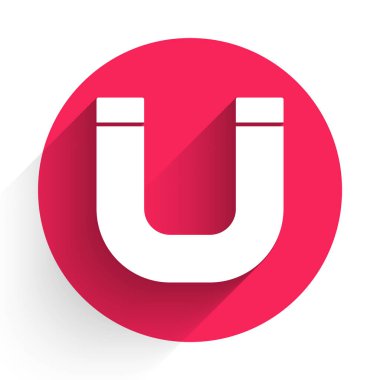 Beyaz Mıknatıs simgesi uzun gölgeli. At nalı mıknatısı, manyetizma, manyetizma, çekim. Kırmızı daire düğmesi. Vektör.