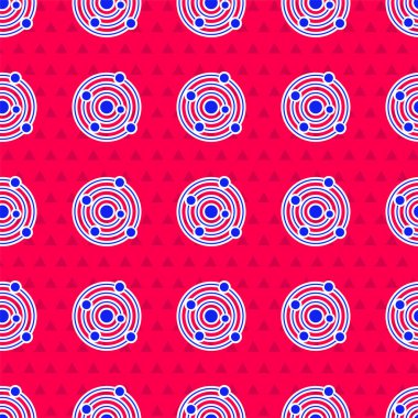 Mavi Güneş Sistemi simgesi kırmızı arkaplanda izole edilmiş. Gezegenler yıldızın etrafında dönerler. Vektör.