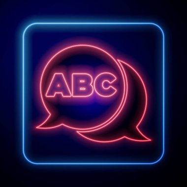 Parlayan neon alfabe simgesi mavi arkaplanda izole edildi. Vektör.