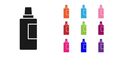 Çamaşır deterjanı, çamaşır suyu, bulaşık deterjanı ya da beyaz arka planda izole edilmiş başka bir temizlik malzemesi için siyah plastik şişe. Simgeleri renklendirin. Vektör.