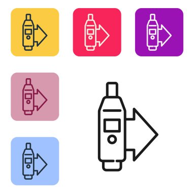 Tıbbi muayene ikonu için siyah çizgi dijital termometresi beyaz arka planda izole edildi. Renkli kare düğmelerle simgeleri ayarla. Vektör.