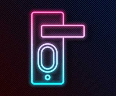 Parlayan neon çizgi parmak izi kapı kilidi simgesi siyah arkaplanda izole edildi. Kimlik uygulaması simgesi. Kimlik işareti. Kimliğe dokun. Vektör.