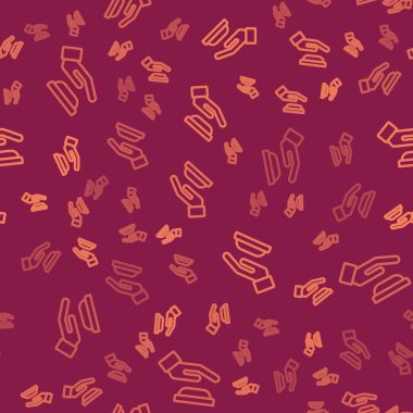 Kahverengi çizgili avuç içi izi tanımlama simgesi kırmızı arkaplanda izole edilmiş. Biyometrik el taraması. Parmak izi tanımlaması. Sistem tanıma ve doğrulama. Vektör.