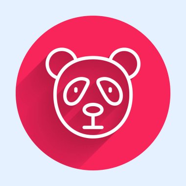 Beyaz çizgili şirin panda yüzü ikonu uzun gölgeli. Hayvan sembolü. Kırmızı daire düğmesi. Vektör.