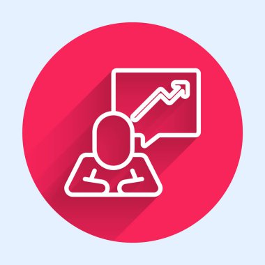 İdari simgelerden oluşan bir ekibin beyaz çizgi lideri uzun gölgeli izole edilmiş. Kırmızı daire düğmesi. Vektör.