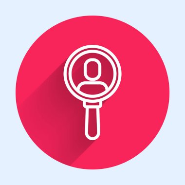 Uzun gölgeli bir insan simgesini aramak için beyaz çizgi büyüteç. İşe alma ya da seçme. Çalışanları ve işi ara. Kırmızı daire düğmesi. Vektör.