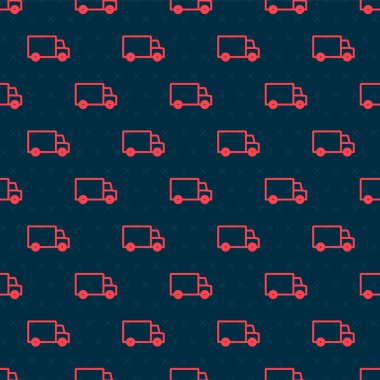 Kırmızı çizgi, siyah arka planda izole edilmiş, araba ikonu ile günün her saati hızlı bir şekilde teslim ediliyor. Vektör.