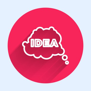 Beyaz çizgi fikri, uzun gölgeli konuşma balonu simgesi. Bulut konuşmasıyla mesaj balonu fikri. Kırmızı daire düğmesi. Vektör.