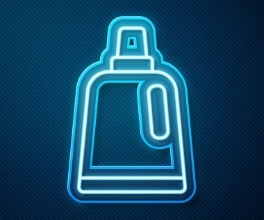 Parlak neon hattı. Çamaşır deterjanı, çamaşır suyu, bulaşık deterjanı ya da mavi arka planda izole edilmiş başka bir temizlik maddesi ikonu için plastik şişe. Vektör.