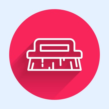 Temizlik ikonu için beyaz çizgi fırçası uzun gölgeli izole edilmiş. Kırmızı daire düğmesi. Vektör.