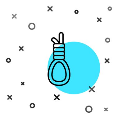 Beyaz arka planda siyah çizgi darağacı halat asılı ikon izole. İpe bağlanmış halat. İntihar, asılma ya da linç. Rastgele dinamik şekiller. Vektör.