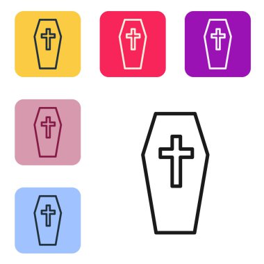 Beyaz arka planda izole edilmiş siyah çizgi tabut ve Hıristiyan haç simgesi. Mutlu Cadılar Bayramı Partisi. Renkli kare düğmelerle simgeleri ayarla. Vektör.