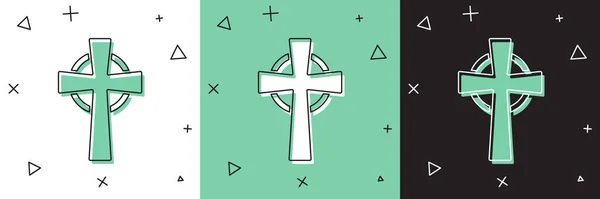 Conjunto Lápida Con Icono Cruz Aislado Blanco Verde Fondo Negro — Archivo Imágenes Vectoriales
