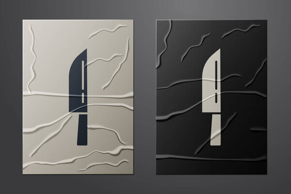 White Knife icon isolated on crumpled paper background. Cutlery symbol. Happy Halloween party. Paper art style. Vector.