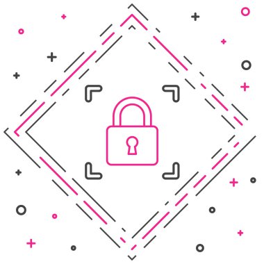 Beyaz arkaplanda kilit simgesi izole edilmiş çizgi parmak izi. Kimlik uygulaması simgesi. Kimlik işareti. Kimliğe dokun. Renkli taslak konsepti. Vektör.