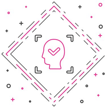 Beyaz arkaplanda işaretleme simgesi olan satır yüz tanıma. Yüz tanımlama simgesi. Yüz tanıma. Siber güvenlik kavramı. Renkli taslak konsepti. Vektör.