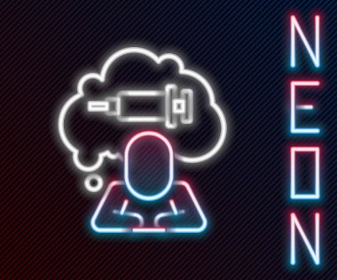 Uyuşturucu ikonuna parlayan neon hattı bağımlılığı siyah arkaplanda izole edildi. Eroin, uyuşturucu, bağımlılık, yasadışı. Elinde şırınga ve ilaç olan hasta bir keş. Renkli taslak konsepti. Vektör.