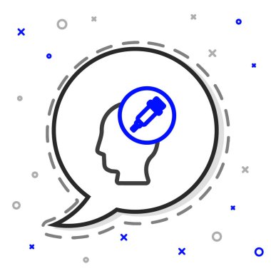 Uyuşturucu ikonuna olan çizgi bağımlılığı beyaz arka planda izole edildi. Eroin, uyuşturucu, bağımlılık, yasadışı. Elinde şırınga ve ilaç olan hasta bir keş. Renkli taslak konsepti. Vektör.