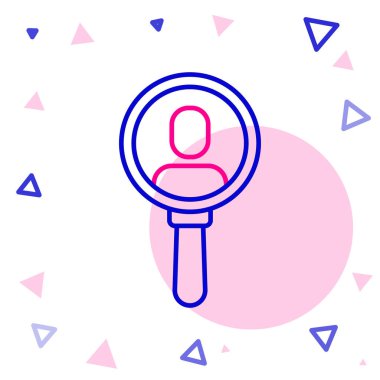 Beyaz arka planda izole edilmiş bir insan simgesini aramak için çizgi büyüteci. İşe alma ya da seçme. Çalışanları ve işi ara. Renkli taslak konsepti. Vektör.