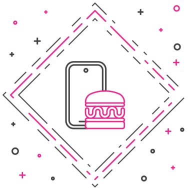 Çevrimiçi sipariş verme ve fast food dağıtım simgesi beyaz arka planda izole edildi. Burger tabelası. Renkli taslak konsepti. Vektör.