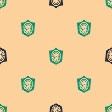 Yeşil ve siyah koruma kalkanı, bej arka planda izole edilmiş parmak izi ikonu. Kimlik uygulaması simgesi. Kimlik işareti. Güvenlik parmak taraması konsepti. Vektör.