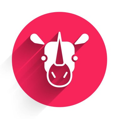 Beyaz gergedan ikonu uzun gölgeli izole edilmiş. Hayvan sembolü. Kırmızı daire düğmesi. Vektör.